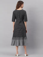 Janasya Black Cotton Striped Flared Casual Dress | Grocsy