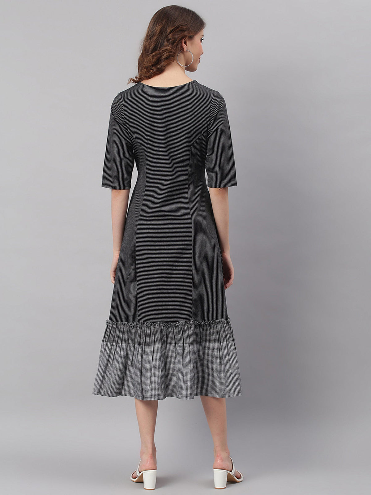 Janasya Black Cotton Striped Flared Casual Dress | Grocsy
