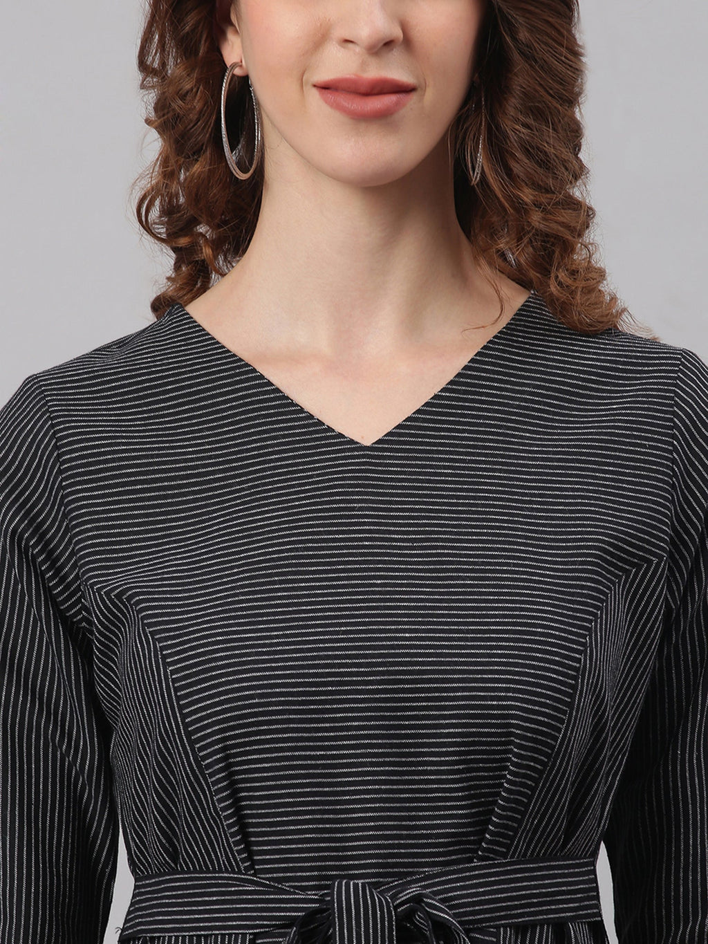 Janasya Black Cotton Striped Flared Casual Dress | Grocsy