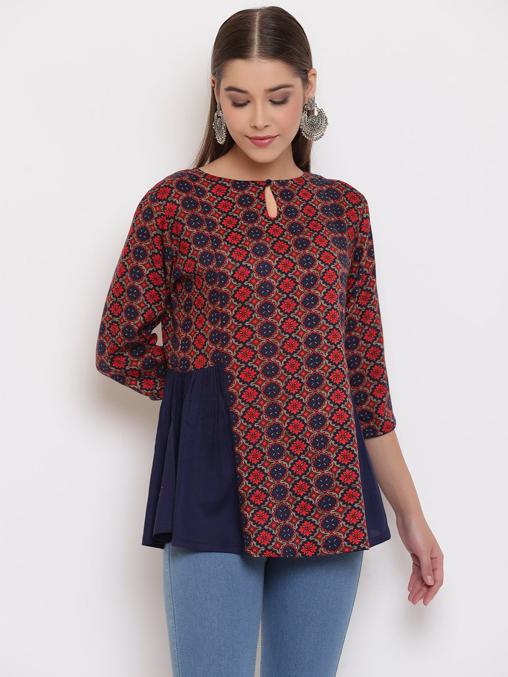 Janasya Women's Blue Rayon Ajrakh Gathered Top | Grocsy