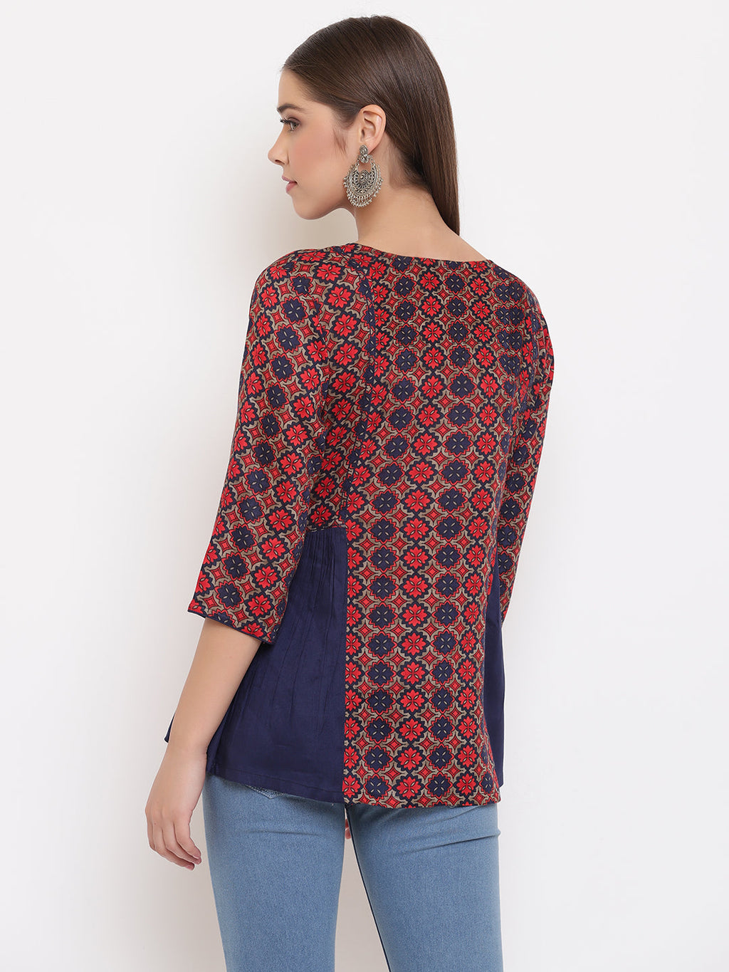 Janasya Women's Blue Rayon Ajrakh Gathered Top | Grocsy