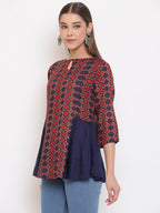 Janasya Women's Blue Rayon Ajrakh Gathered Top | Grocsy