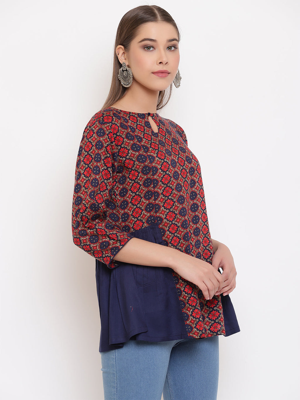 Janasya Women's Blue Rayon Ajrakh Gathered Top | Grocsy