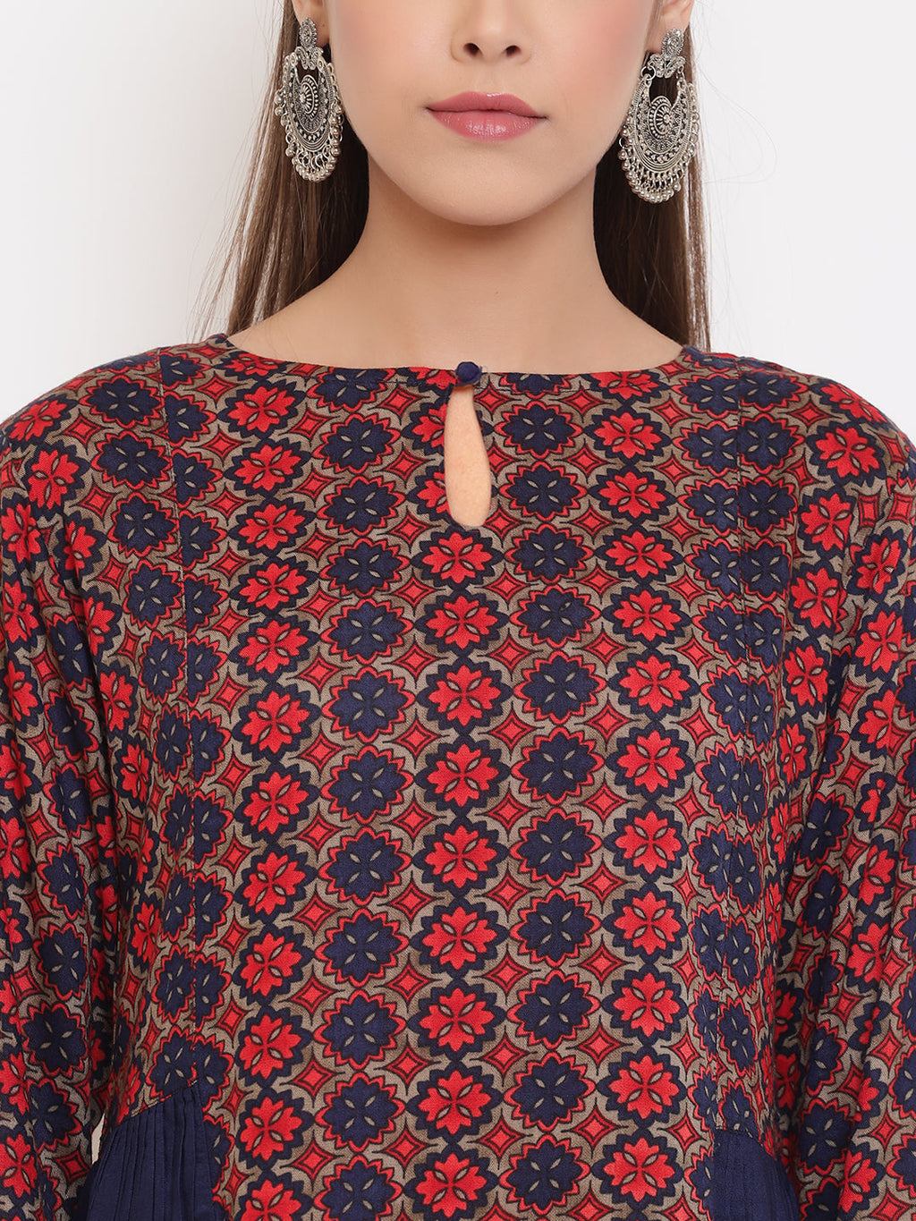 Janasya Women's Blue Rayon Ajrakh Gathered Top | Grocsy