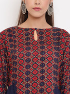 Janasya Women's Blue Rayon Ajrakh Gathered Top | Grocsy