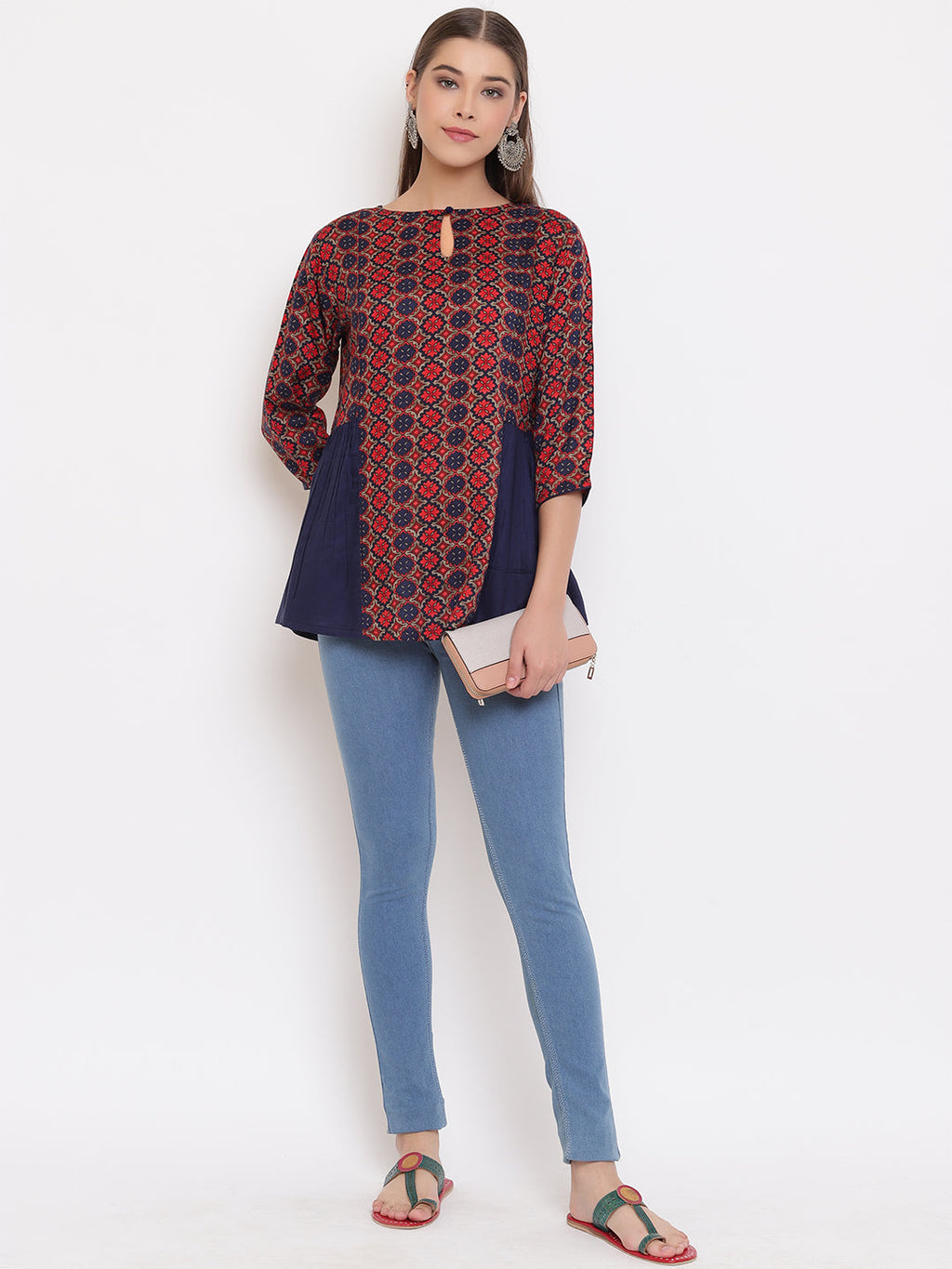 Janasya Women's Blue Rayon Ajrakh Gathered Top | Grocsy