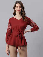 Janasya Women's Maroon Cotton Flex Embroidered A-Line Top | Grocsy