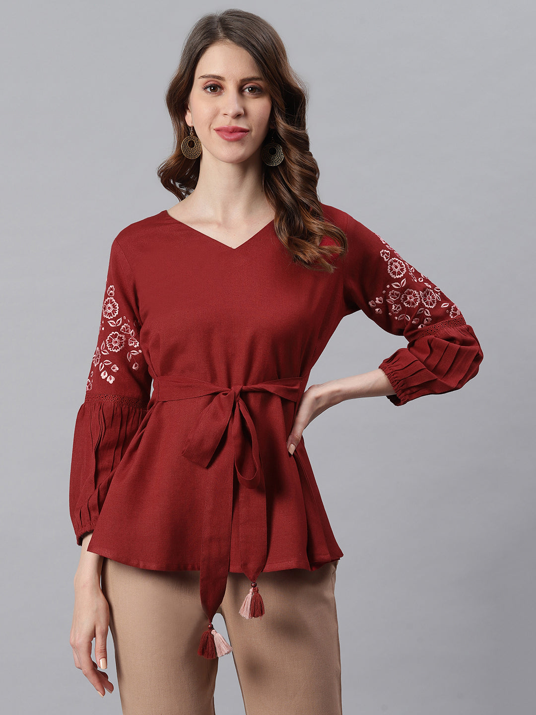 Janasya Women's Maroon Cotton Flex Embroidered A-Line Top | Grocsy