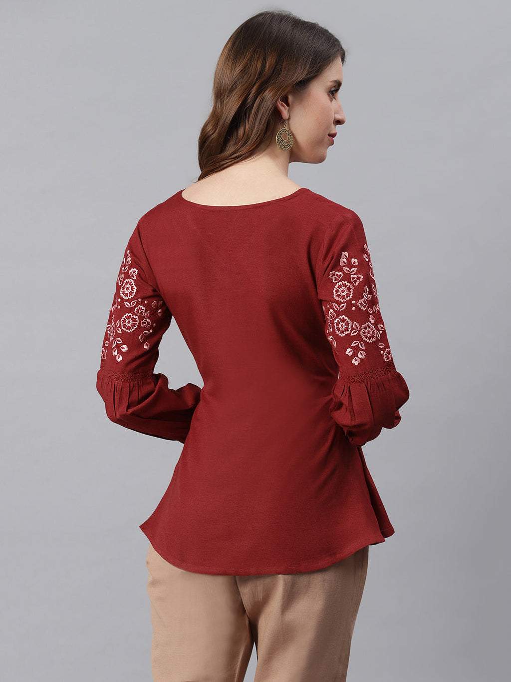 Janasya Women's Maroon Cotton Flex Embroidered A-Line Top | Grocsy