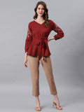 Janasya Women's Maroon Cotton Flex Embroidered A-Line Top | Grocsy