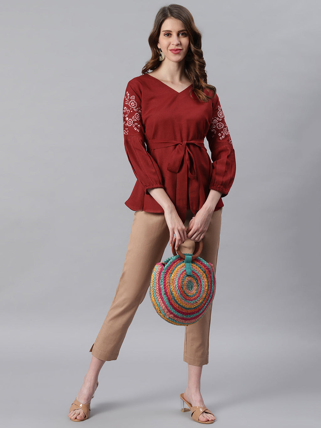 Janasya Women's Maroon Cotton Flex Embroidered A-Line Top | Grocsy