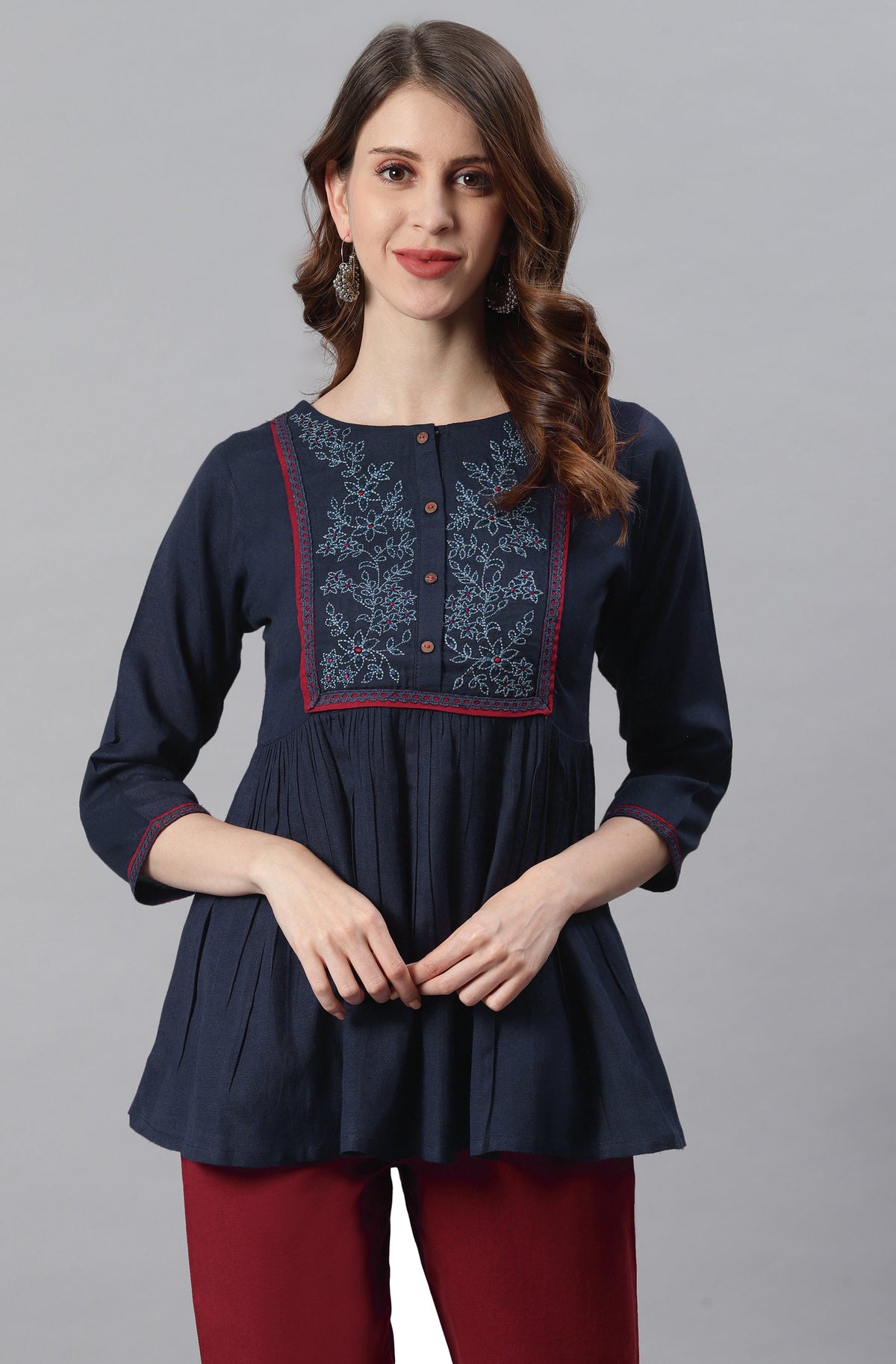 Janasya Women's Navy Blue Cotton Flex Embroidered Gathered Top | Grocsy