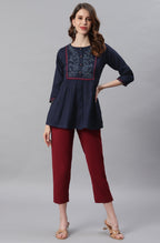 Janasya Women's Navy Blue Cotton Flex Embroidered Gathered Top | Grocsy
