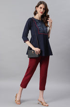Janasya Women's Navy Blue Cotton Flex Embroidered Gathered Top | Grocsy