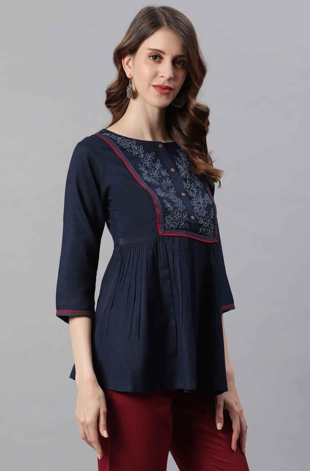 Janasya Women's Navy Blue Cotton Flex Embroidered Gathered Top | Grocsy