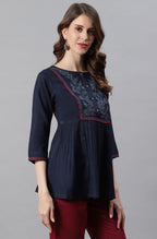 Janasya Women's Navy Blue Cotton Flex Embroidered Gathered Top | Grocsy