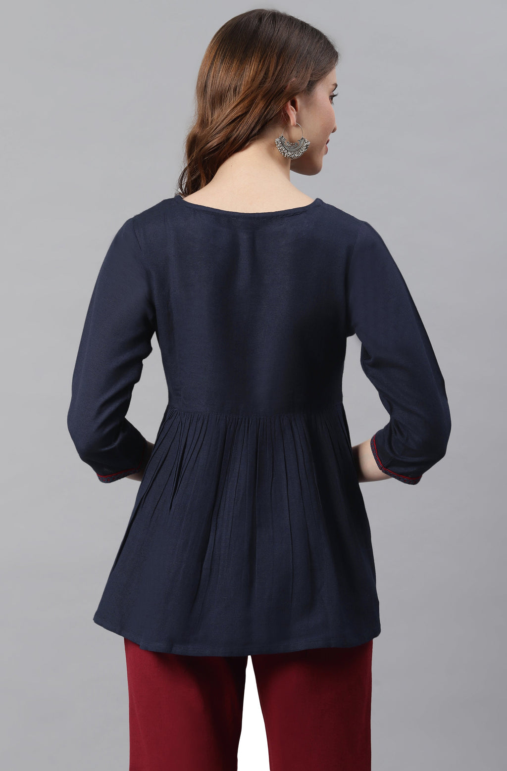 Janasya Women's Navy Blue Cotton Flex Embroidered Gathered Top | Grocsy