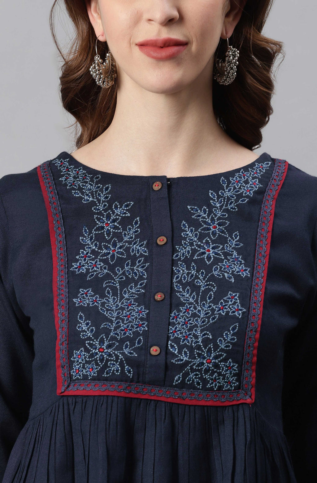 Janasya Women's Navy Blue Cotton Flex Embroidered Gathered Top | Grocsy