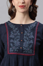 Janasya Women's Navy Blue Cotton Flex Embroidered Gathered Top | Grocsy