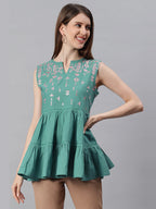 Janasya Women's Green Cotton Flex Embroidered Gathered Top | Grocsy