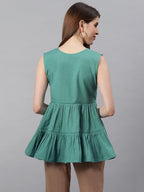 Janasya Women's Green Cotton Flex Embroidered Gathered Top | Grocsy