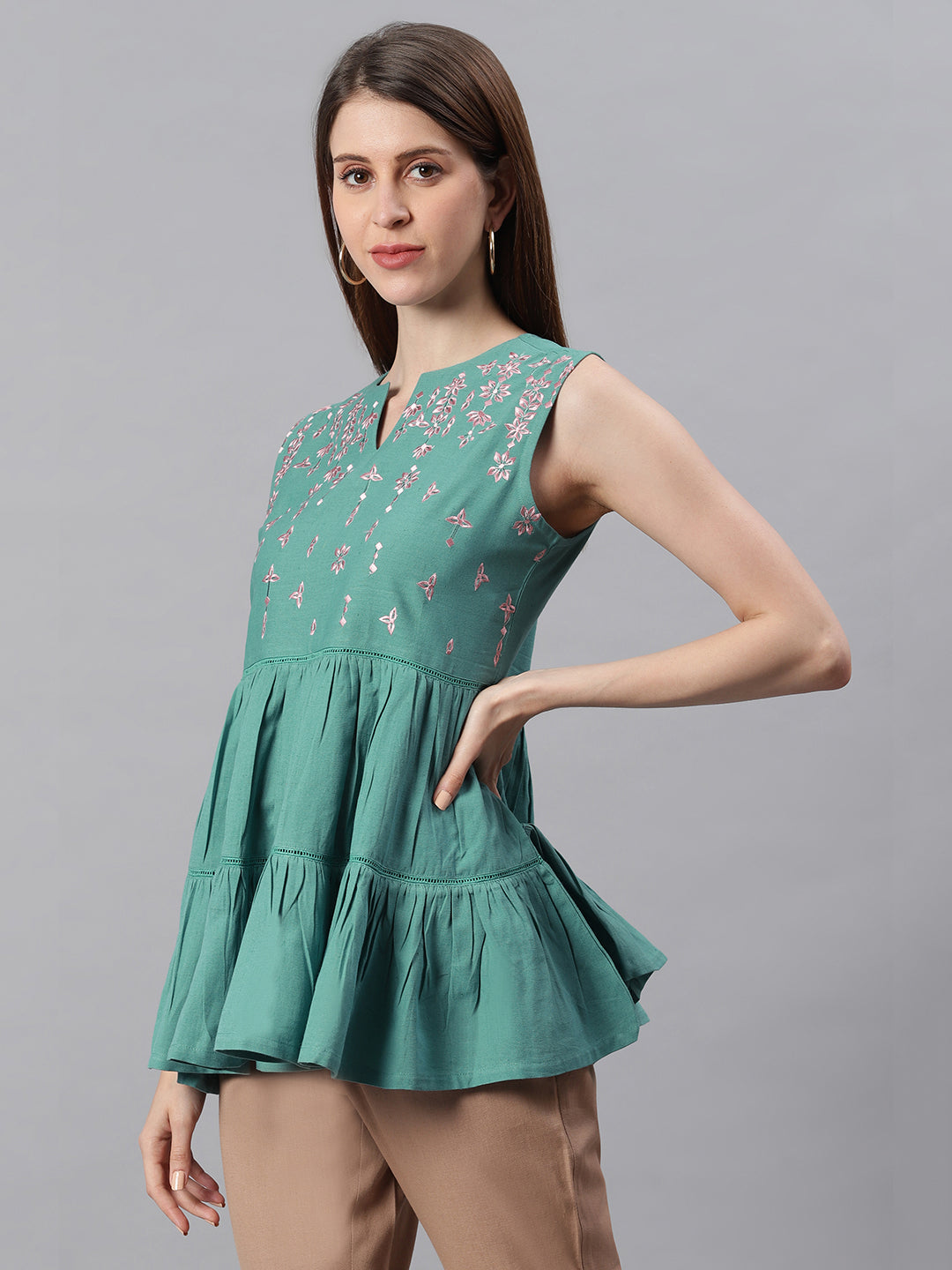 Janasya Women's Green Cotton Flex Embroidered Gathered Top | Grocsy