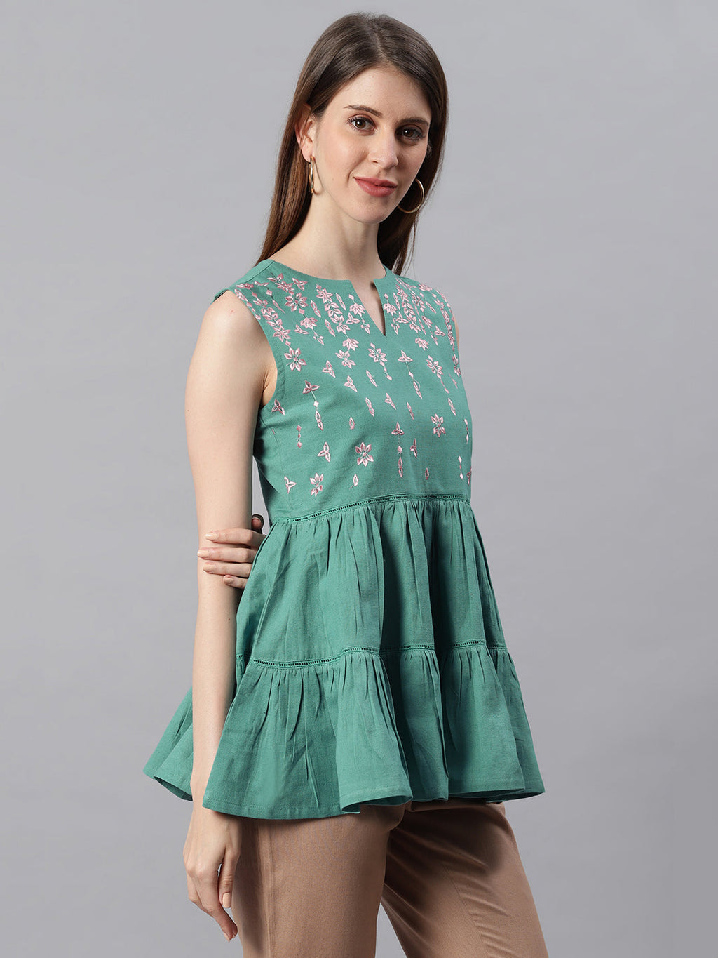 Janasya Women's Green Cotton Flex Embroidered Gathered Top | Grocsy
