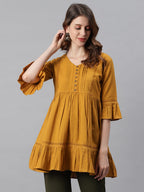 Janasya Women's Mustard Cotton Flex Embellished Gathered Tunic | Grocsy