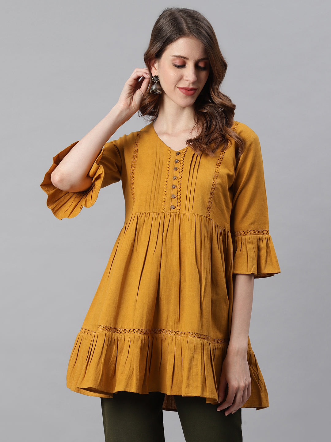 Janasya Women's Mustard Cotton Flex Embellished Gathered Tunic | Grocsy