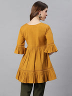 Janasya Women's Mustard Cotton Flex Embellished Gathered Tunic | Grocsy