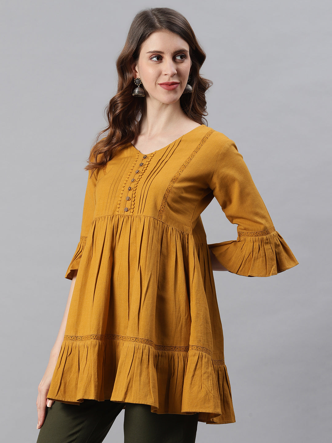 Janasya Women's Mustard Cotton Flex Embellished Gathered Tunic | Grocsy