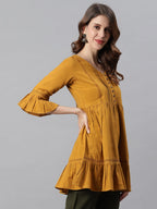 Janasya Women's Mustard Cotton Flex Embellished Gathered Tunic | Grocsy