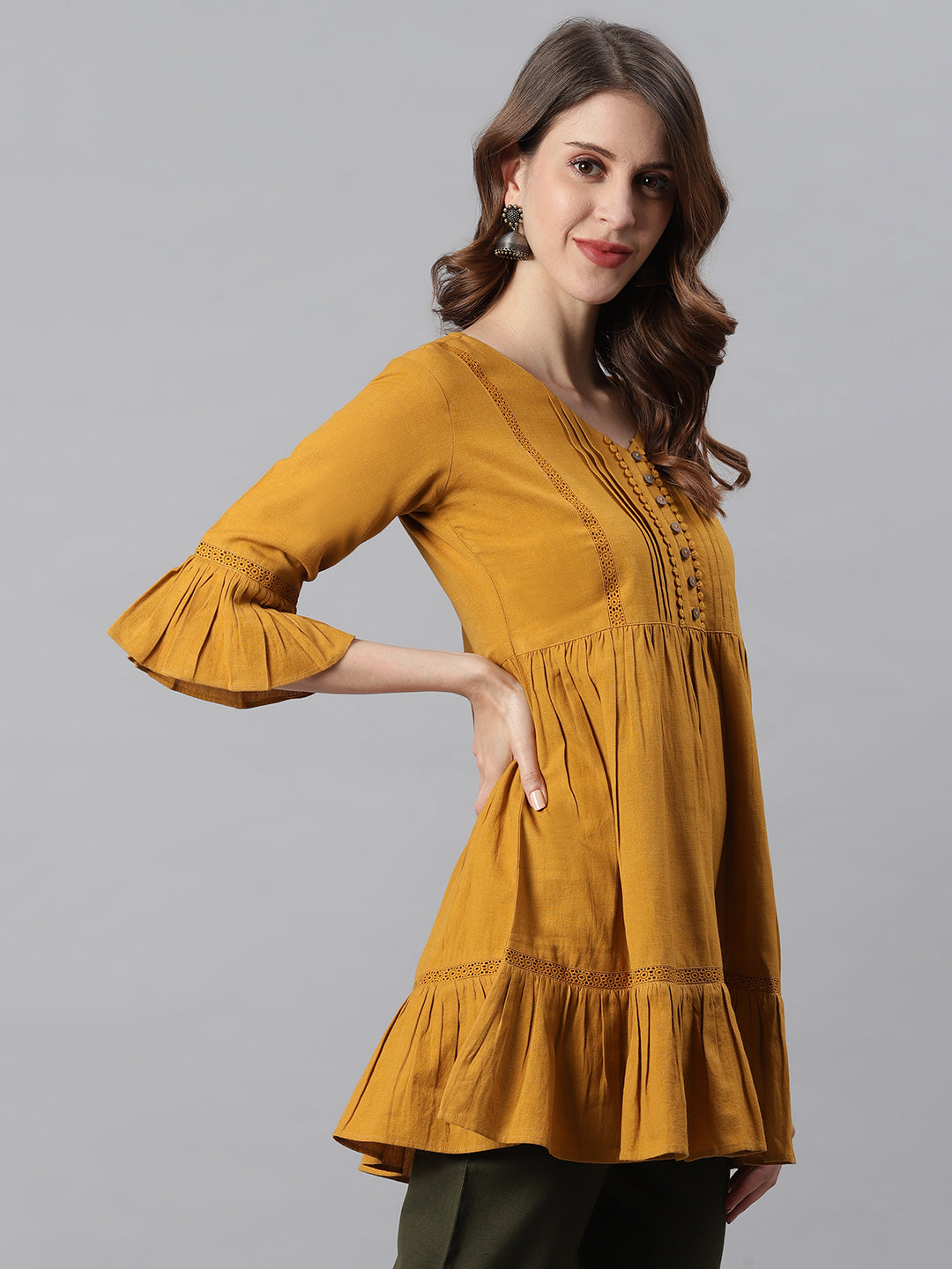 Janasya Women's Mustard Cotton Flex Embellished Gathered Tunic | Grocsy