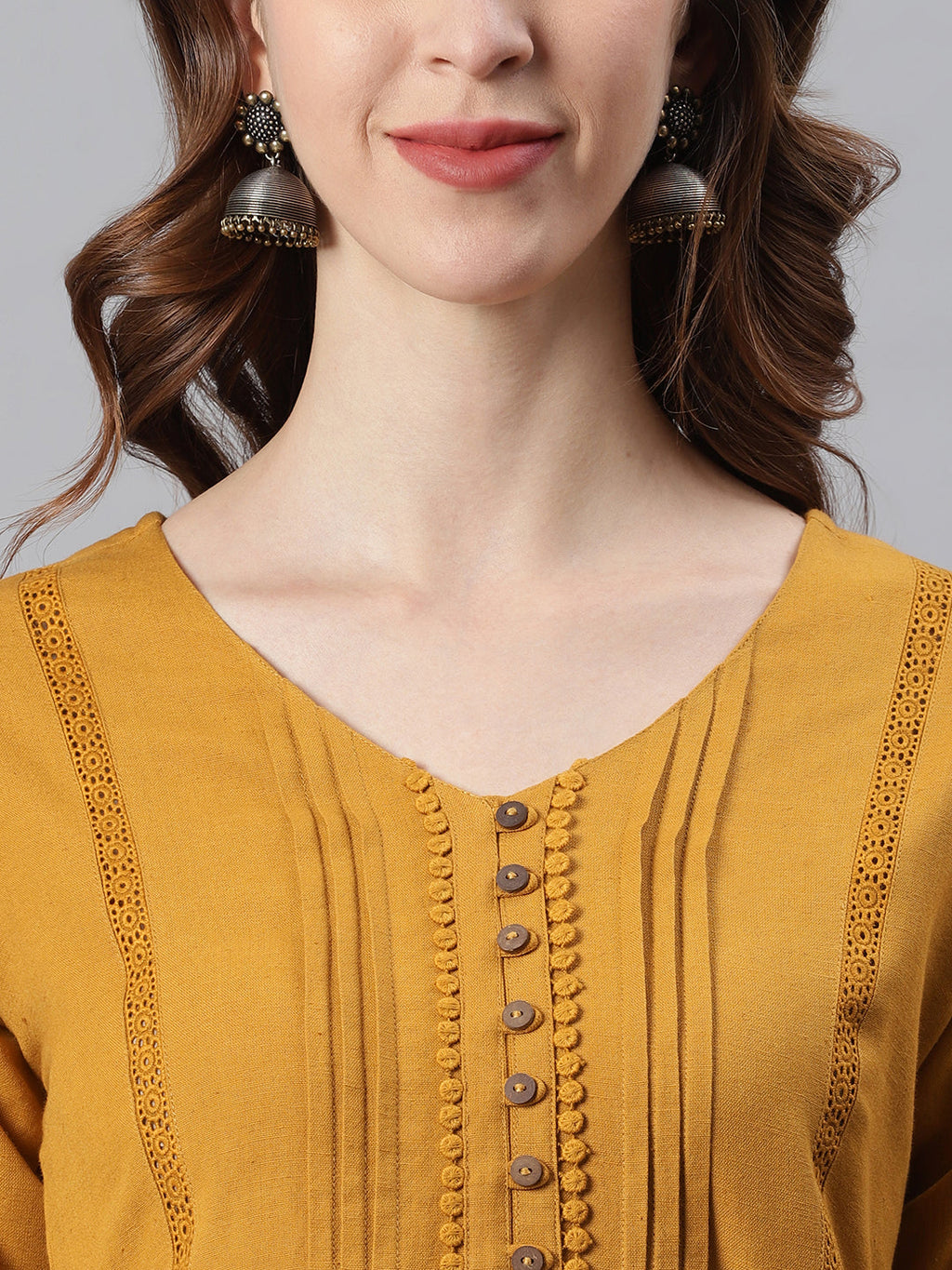 Janasya Women's Mustard Cotton Flex Embellished Gathered Tunic | Grocsy