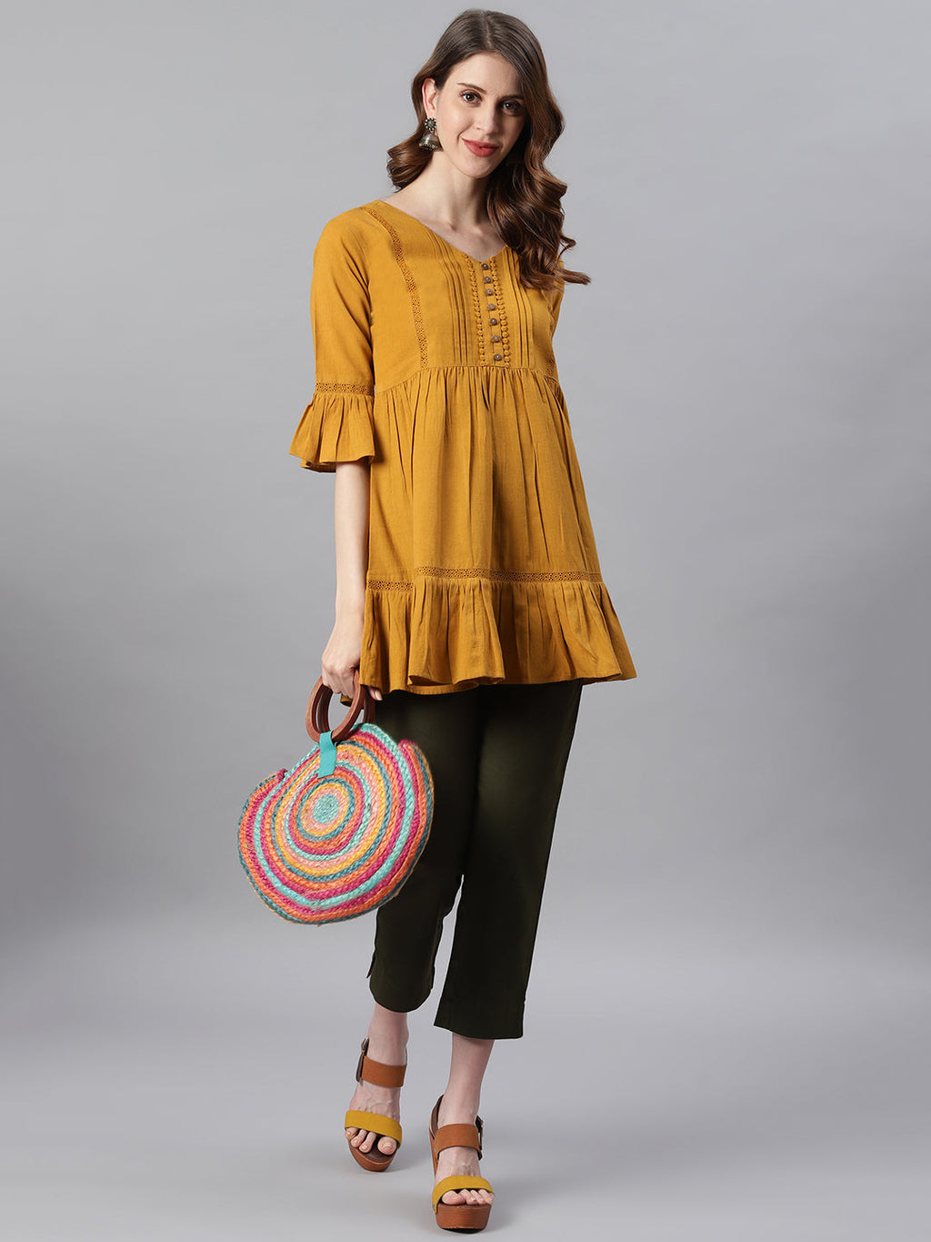 Janasya Women's Mustard Cotton Flex Embellished Gathered Tunic | Grocsy