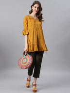 Janasya Women's Mustard Cotton Flex Embellished Gathered Tunic | Grocsy