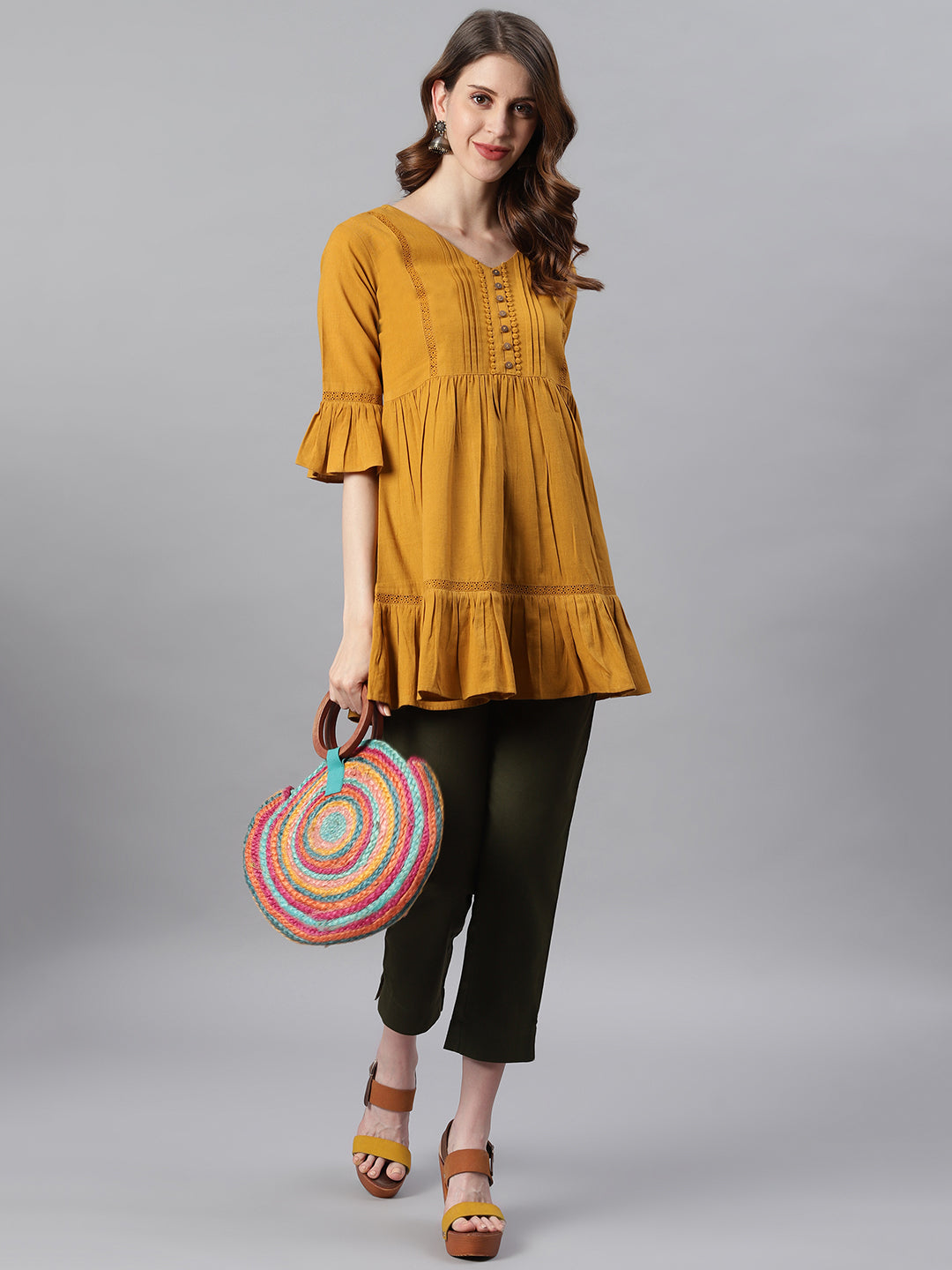 Janasya Women's Mustard Cotton Flex Embellished Gathered Tunic | Grocsy