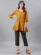 Janasya Women's Mustard Cotton Flex Embellished Gathered Tunic | Grocsy