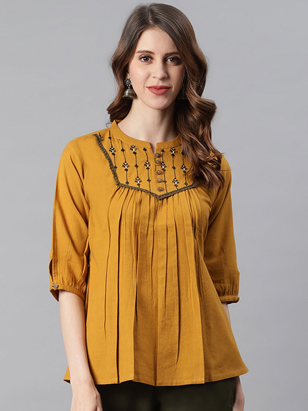Janasya Women's Mustard Cotton Flex Embroidered A-Line Top | Grocsy