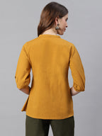 Janasya Women's Mustard Cotton Flex Embroidered A-Line Top | Grocsy
