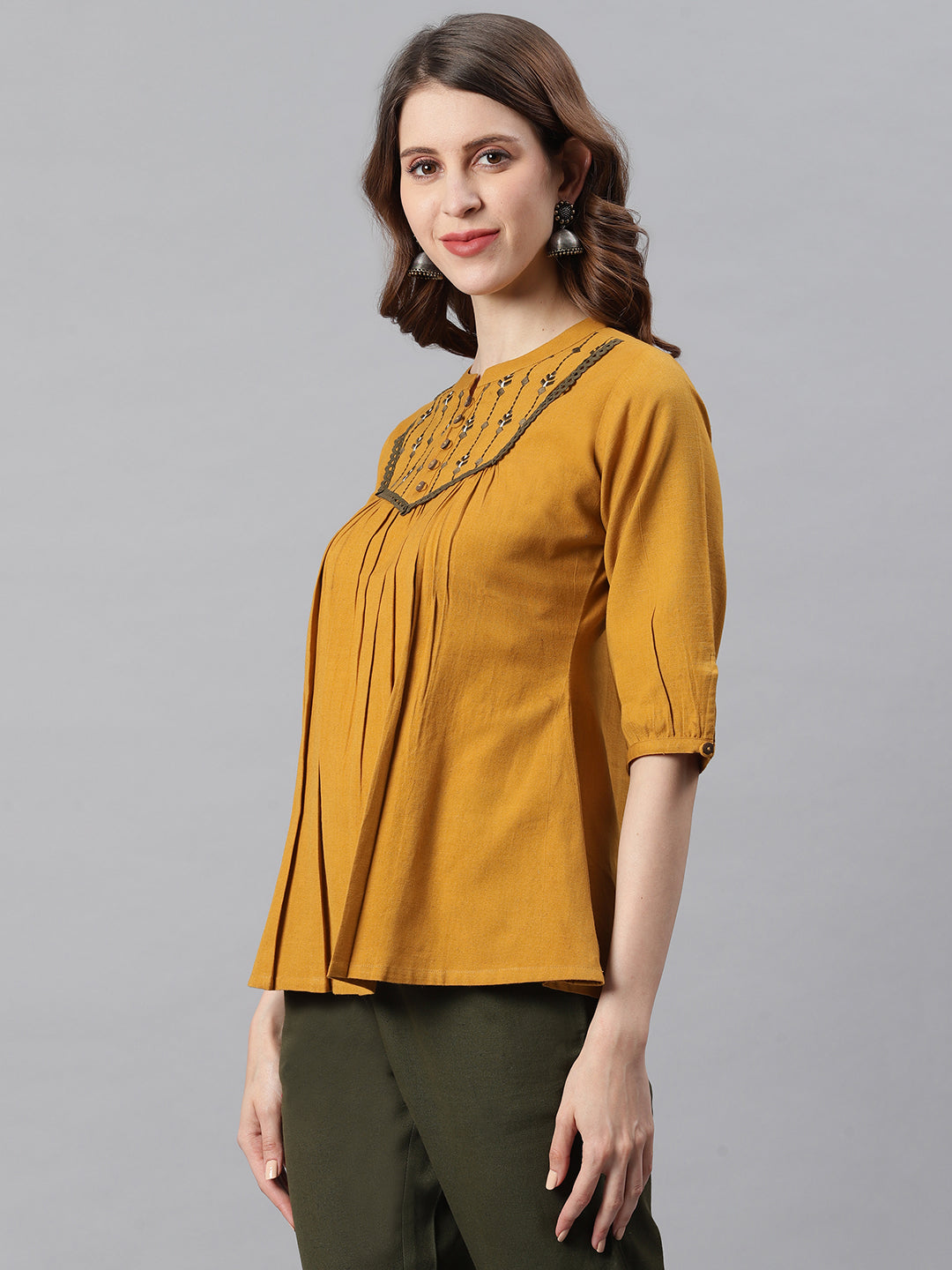 Janasya Women's Mustard Cotton Flex Embroidered A-Line Top | Grocsy