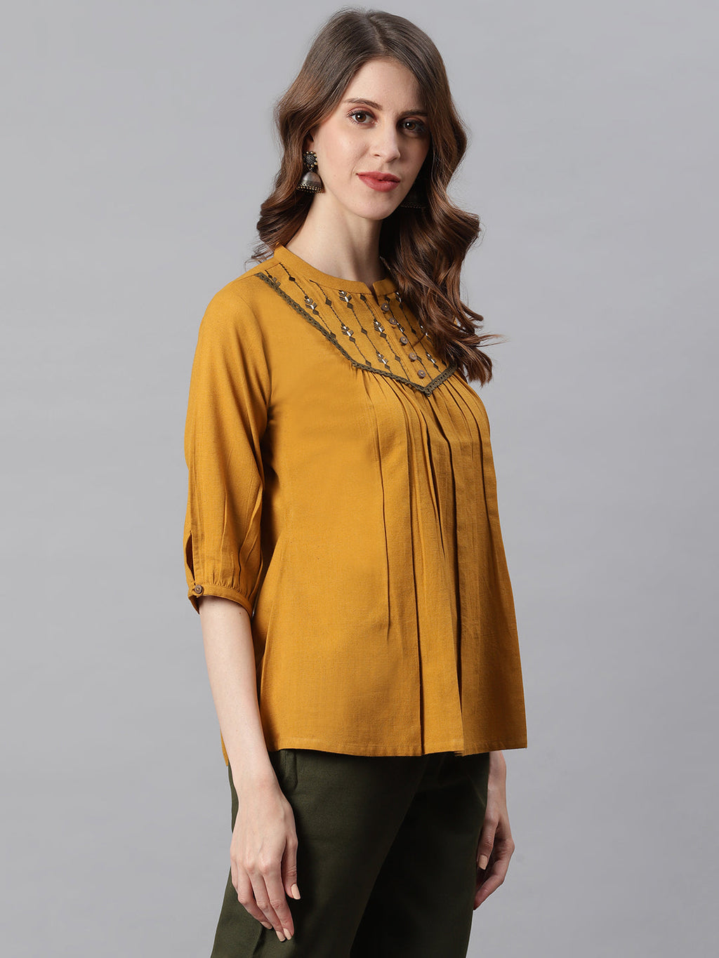 Janasya Women's Mustard Cotton Flex Embroidered A-Line Top | Grocsy