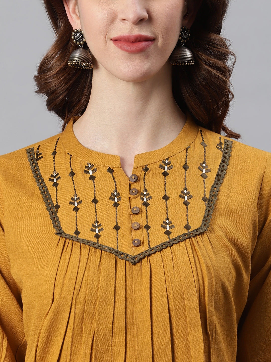 Janasya Women's Mustard Cotton Flex Embroidered A-Line Top | Grocsy