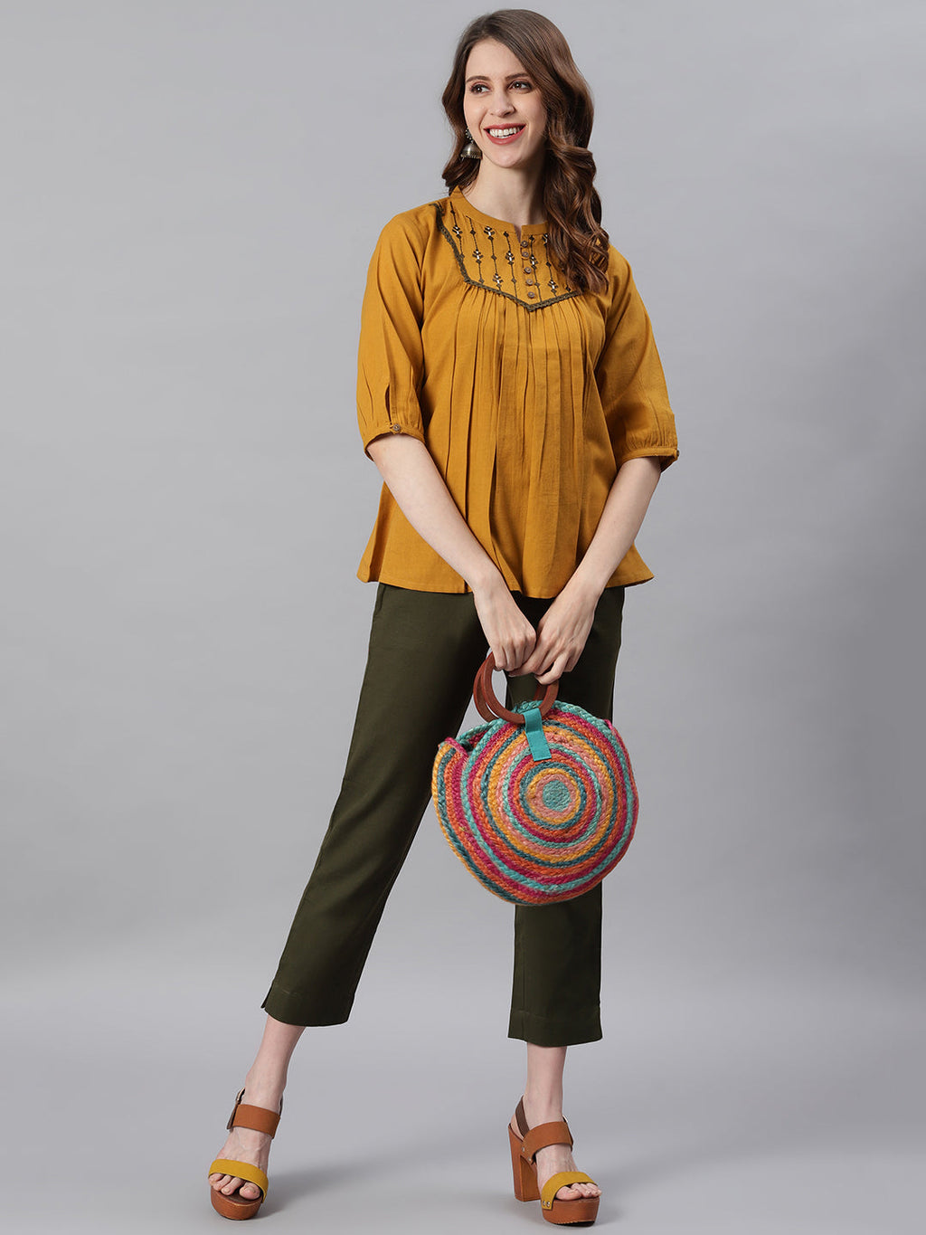 Janasya Women's Mustard Cotton Flex Embroidered A-Line Top | Grocsy