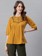 Janasya Women's Mustard Cotton Flex Embroidered A-Line Top | Grocsy