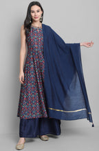 Janasya Women's Blue Poly Muslin Embroidered Kurta With Palazzo And Dupatta | Grocsy