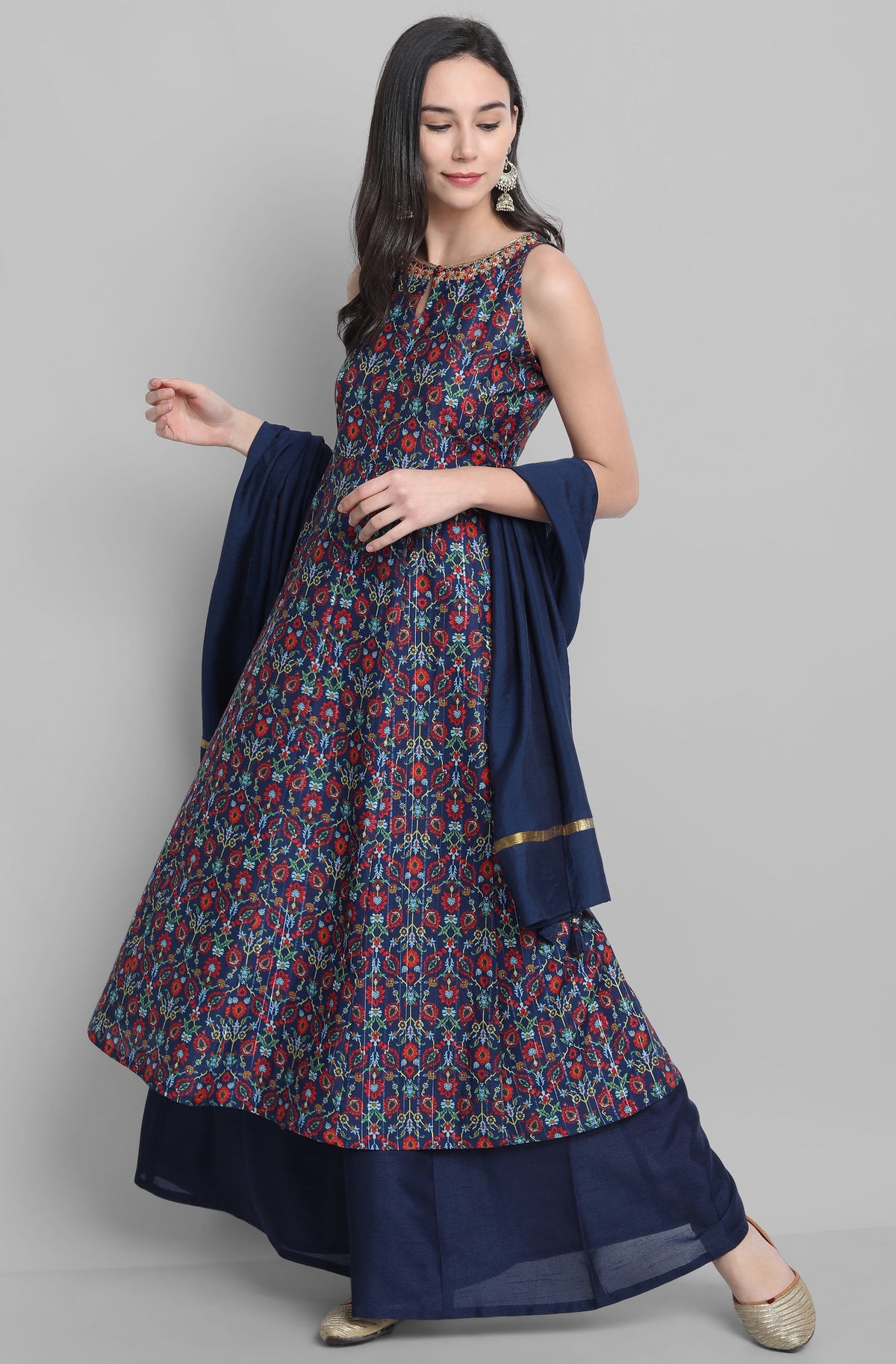 Janasya Women's Blue Poly Muslin Embroidered Kurta With Palazzo And Dupatta | Grocsy