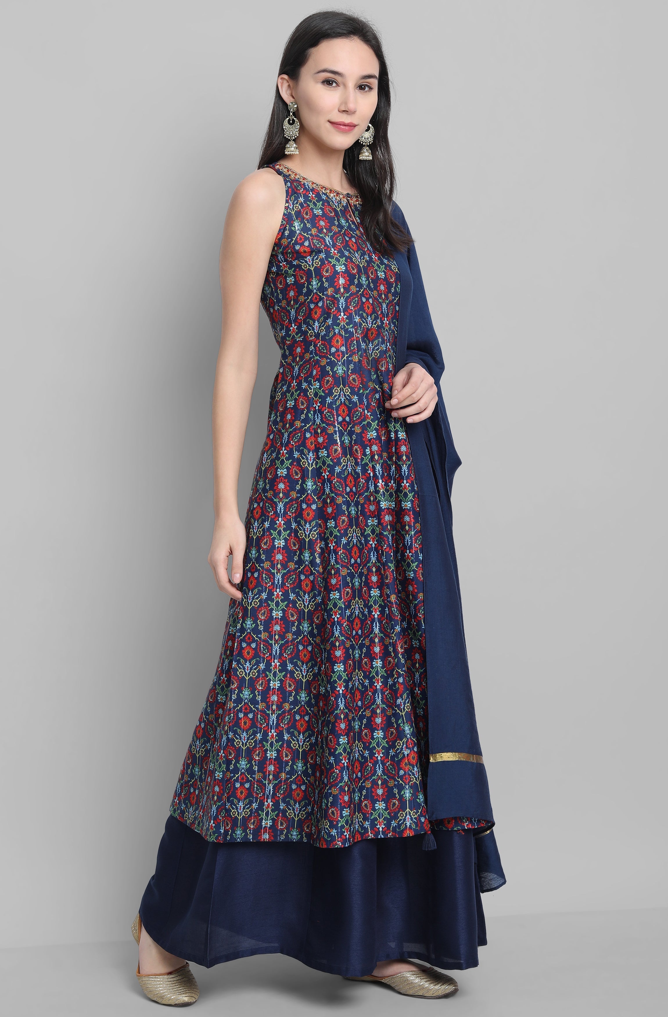Janasya Women's Blue Poly Muslin Embroidered Kurta With Palazzo And Dupatta | Grocsy