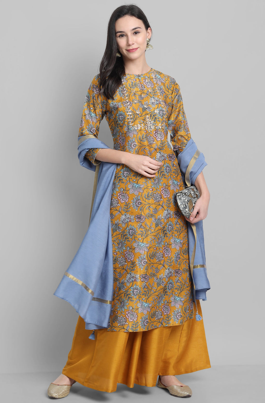Janasya Women's Mustard Poly Muslin Embroidered Kurta With Palazzo And Dupatta | Grocsy