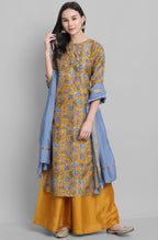 Janasya Women's Mustard Poly Muslin Embroidered Kurta With Palazzo And Dupatta | Grocsy